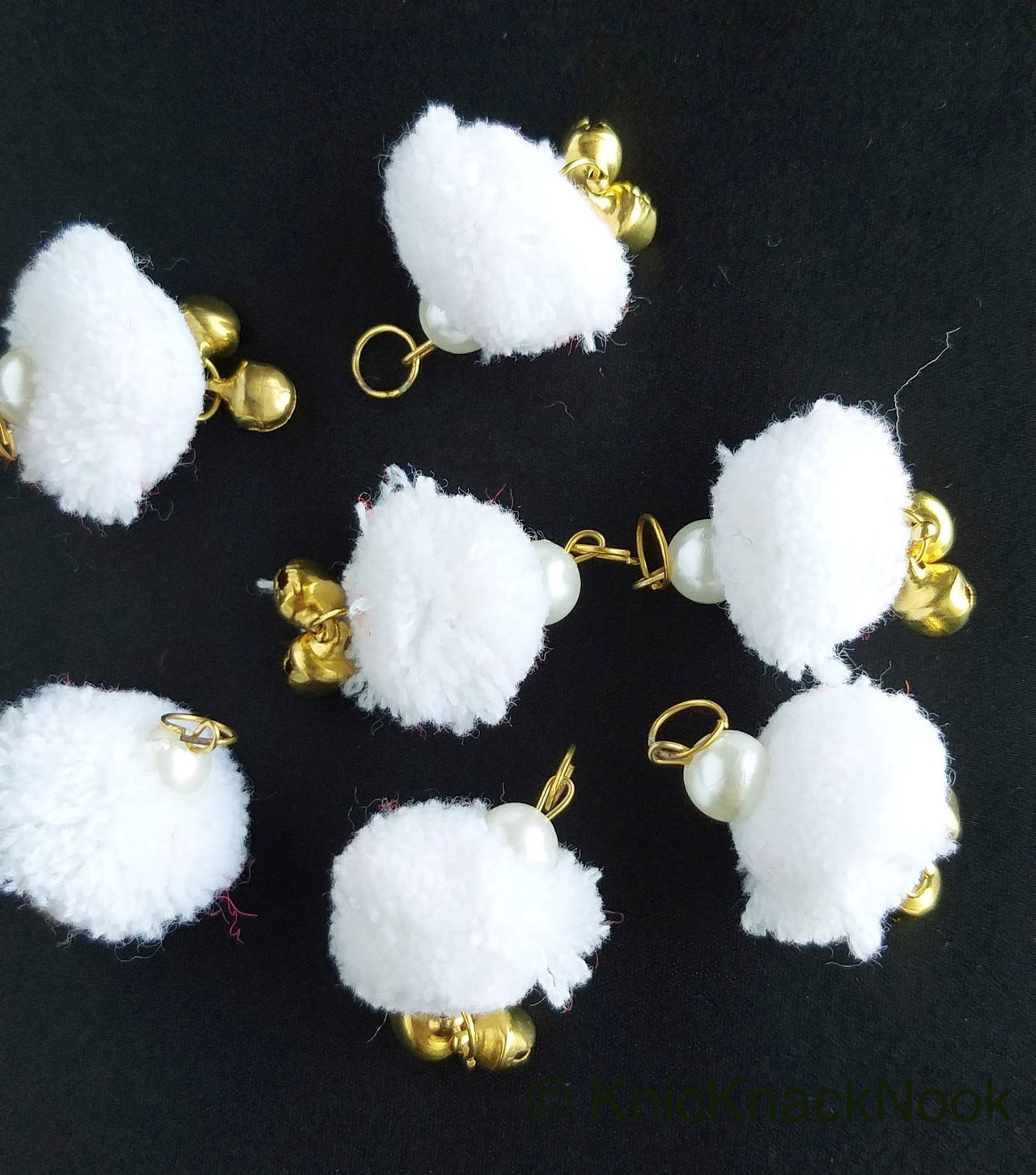 6 x White Pom-Pom Tassel Latkan With Pearl Beads And Jingle Bell Beads, Pompom Decorations, Approx. 30mm - 210119L210