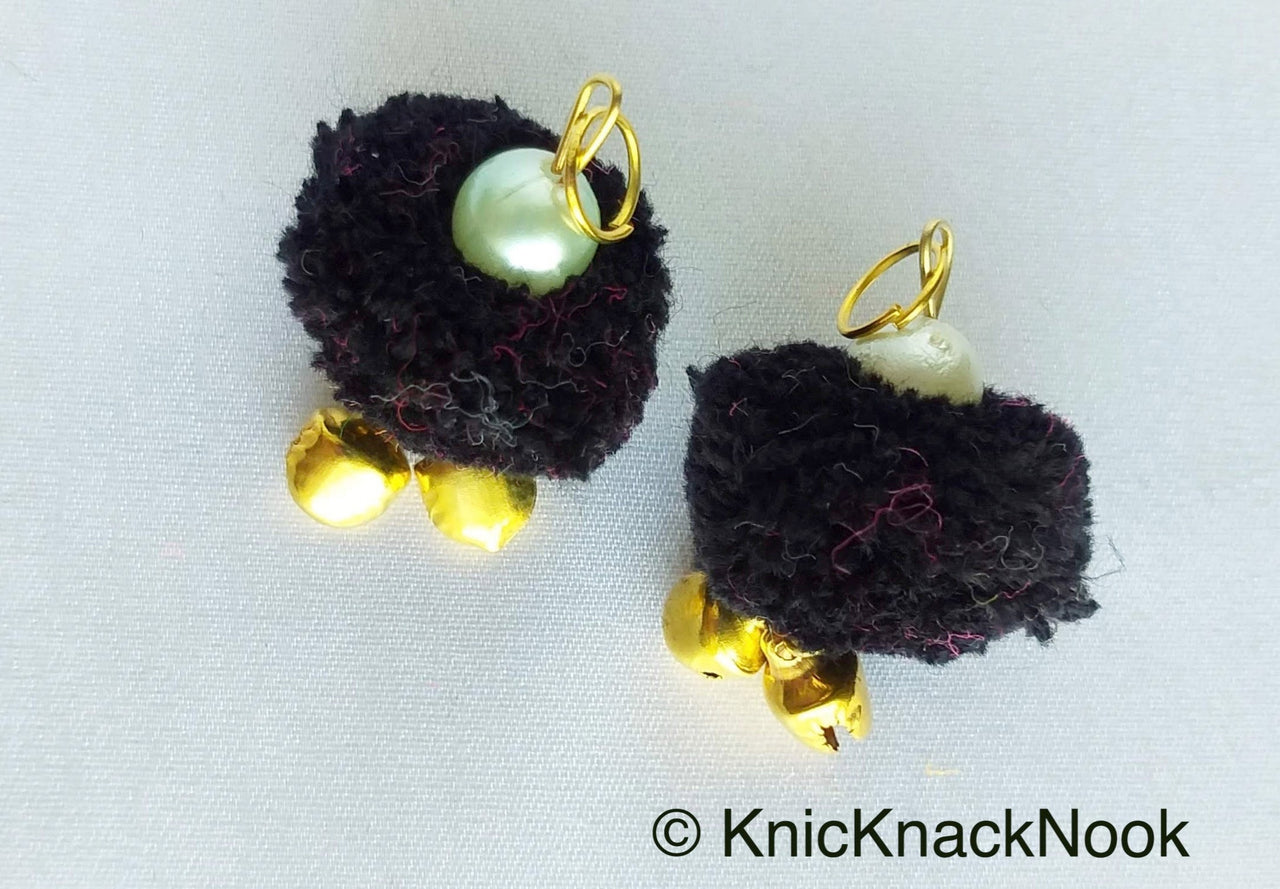 6 x Black Pom-Pom Tassel Latkan With Pearl Beads And Jingle Bell Beads, Pompom Decorations, Approx. 30mm - 210119L211