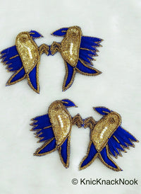 Thumbnail for Embroidered Birds Pair Applique With Beige / Red / Blue And Antique Gold Embroidery, Gold And Pearl Beads