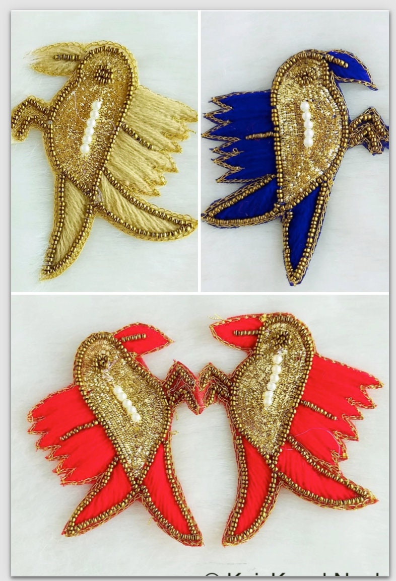 Embroidered Birds Pair Applique With Beige / Red / Blue And Antique Gold Embroidery, Gold And Pearl Beads