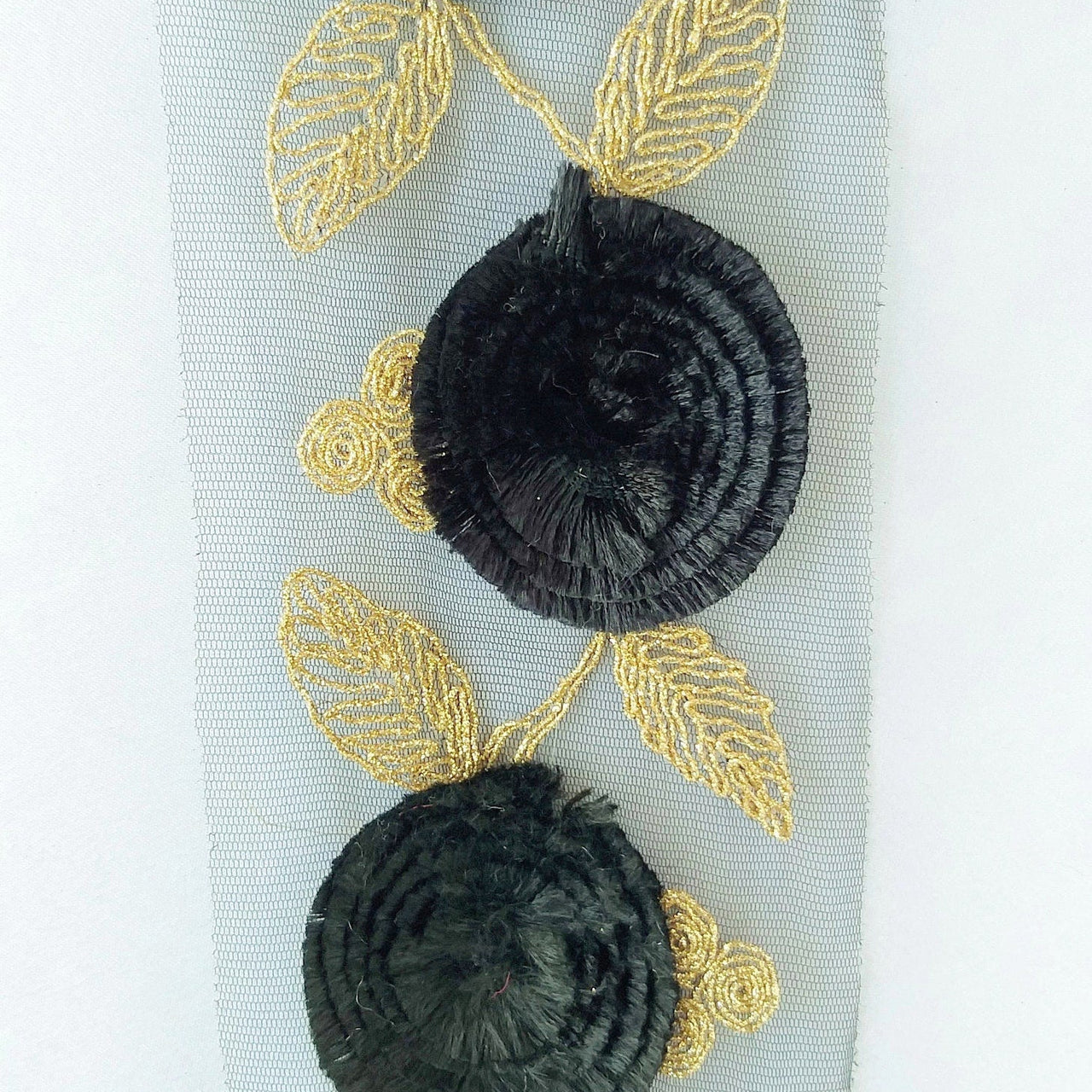 Black Net Lace Trim With Black Thread Flowers and Gold Leaves Embroidery, Approx. 95mm wide