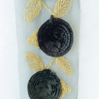 Thumbnail for Black Net Lace Trim With Black Thread Flowers and Gold Leaves Embroidery, Approx. 95mm wide
