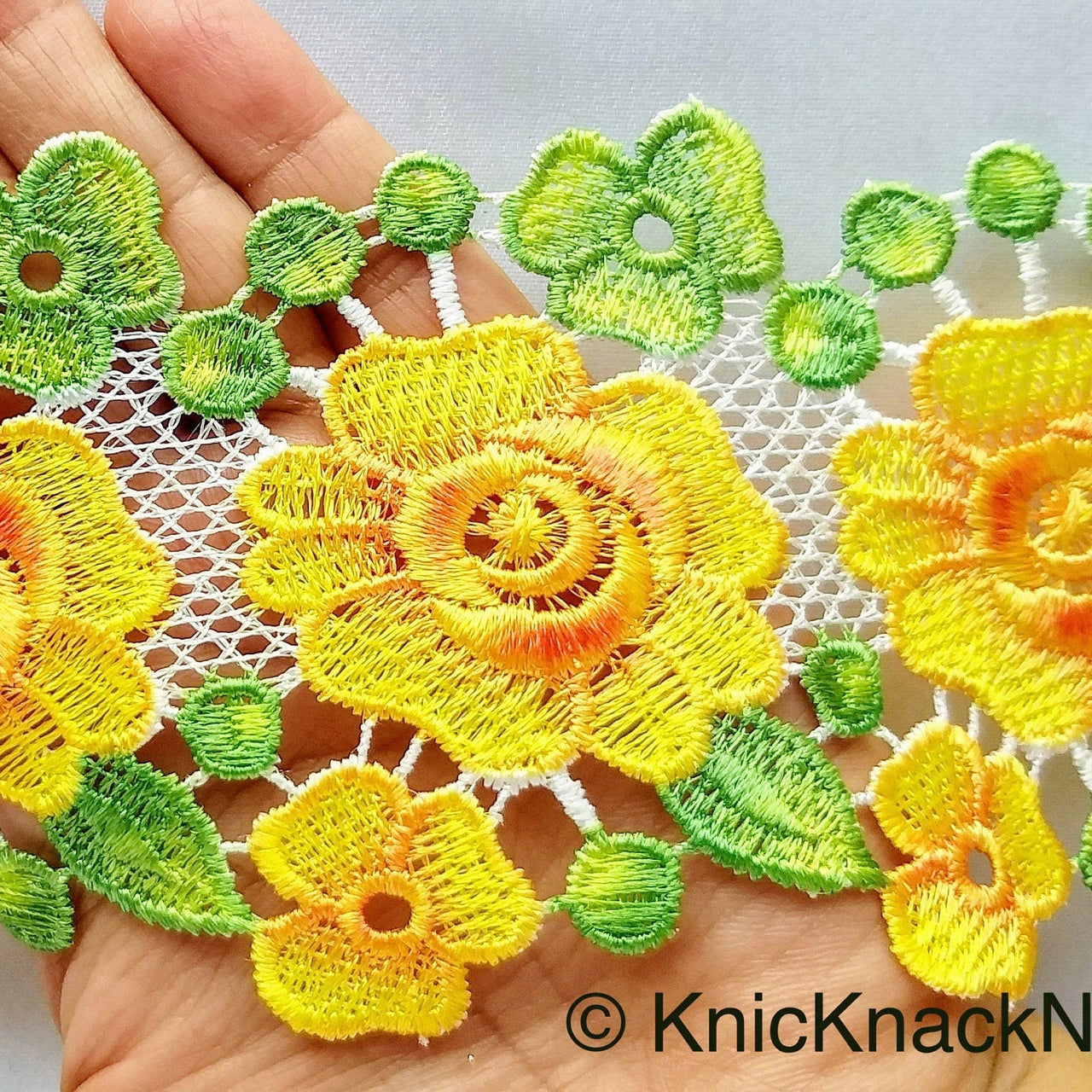 Yellow / Pink, Green and White Embroidered Flower Lace Trim, Approx 80mm wide