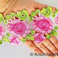 Thumbnail for Yellow / Pink, Green and White Embroidered Flower Lace Trim, Approx 80mm wide
