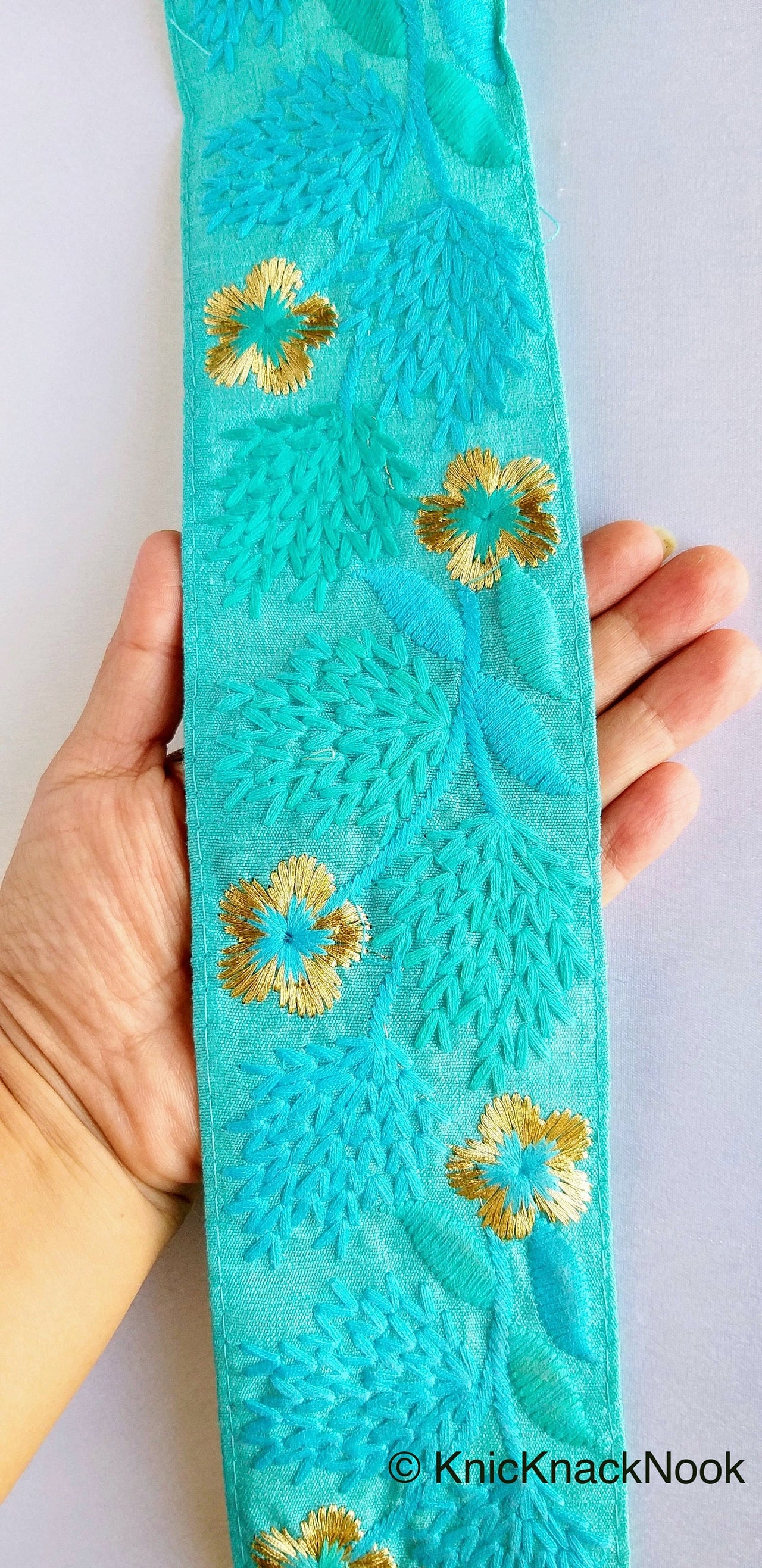 Cyan Blue / Green / Pink / Black /Blue / Beige And Gold Floral  Embroidery Trim, Fabric Trim, Indian , Approx. 75mm wideTrim
