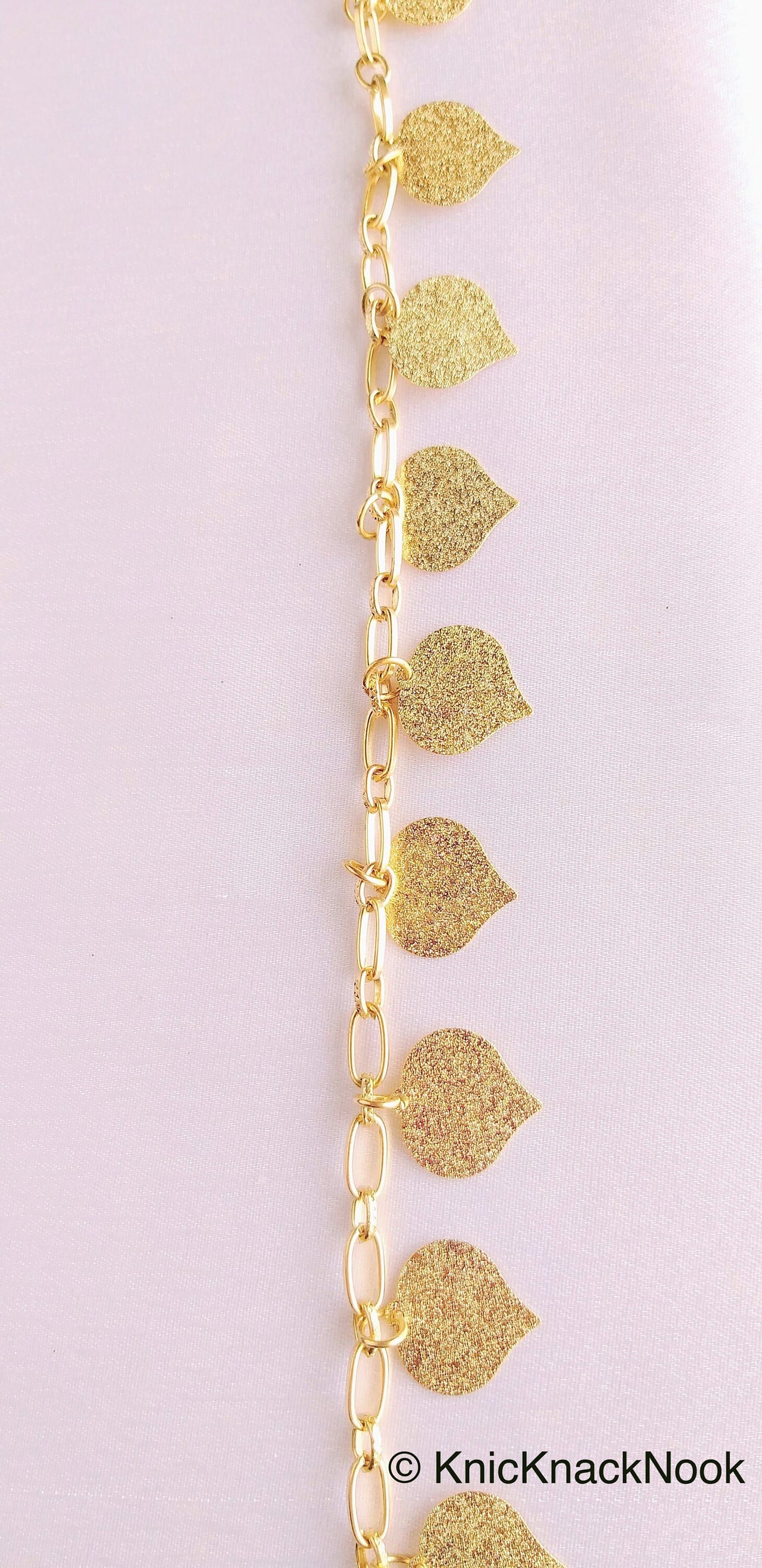 Gold Chain Metal Trim, Metallic Chain with Gold Shimmer Leaf Charms, Beaded Bohemian trim