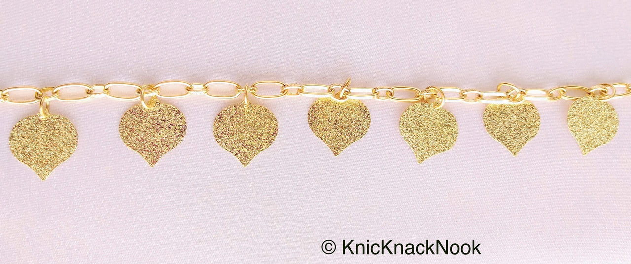 Gold Chain Metal Trim, Metallic Chain with Gold Shimmer Leaf Charms, Beaded Bohemian trim