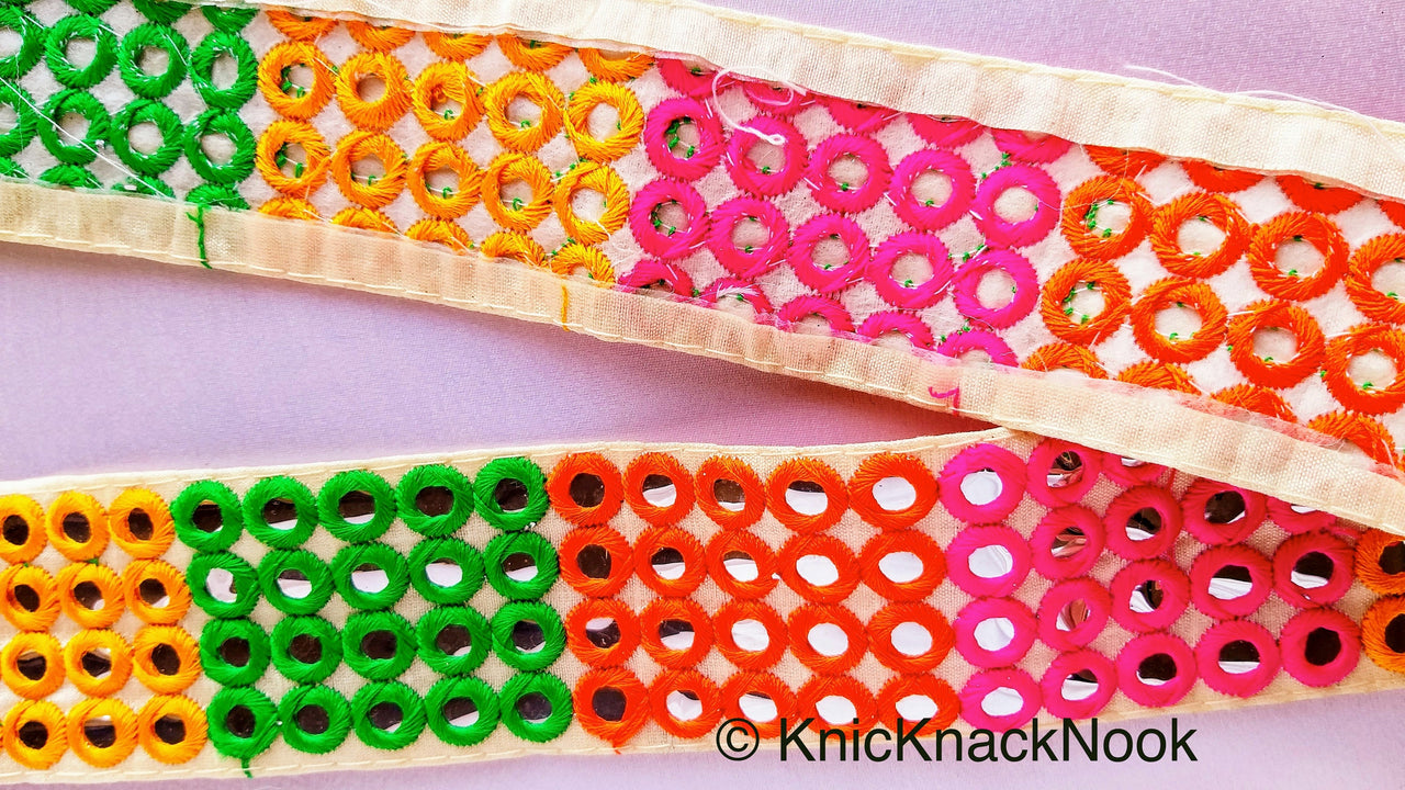 Wholesale Beige Fabric Mirrored Trim With Green, Orange, Yellow And Pink Embroidery With Mirrors