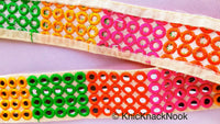 Thumbnail for Wholesale Beige Fabric Mirrored Trim With Green, Orange, Yellow And Pink Embroidery With Mirrors