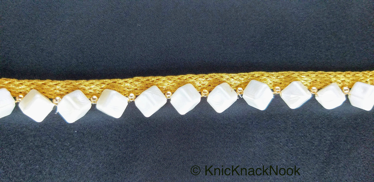 Off White Cube Pearls Beads With Gold Fringe Woven Trim