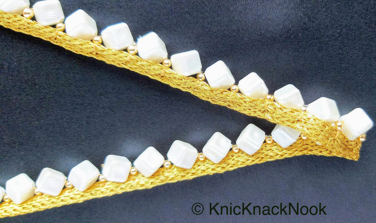 Off White Cube Pearls Beads With Gold Fringe Woven Trim, One Yard 12mm wide