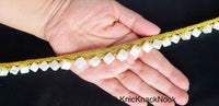 Thumbnail for Off White Cube Pearls Beads With Gold Fringe Woven Trim, One Yard 12mm wide