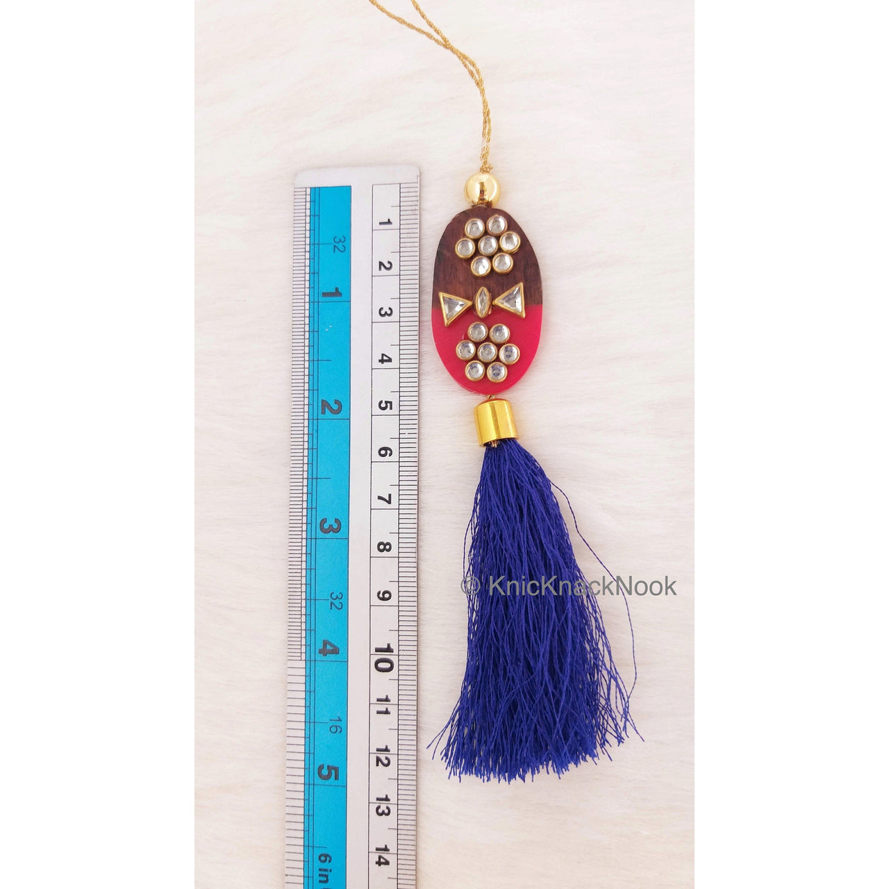 Pink / Blue Tassels With Red And Brown Wood Buttons With Kundan Stones, Indian Tassels, Wedding Supplies