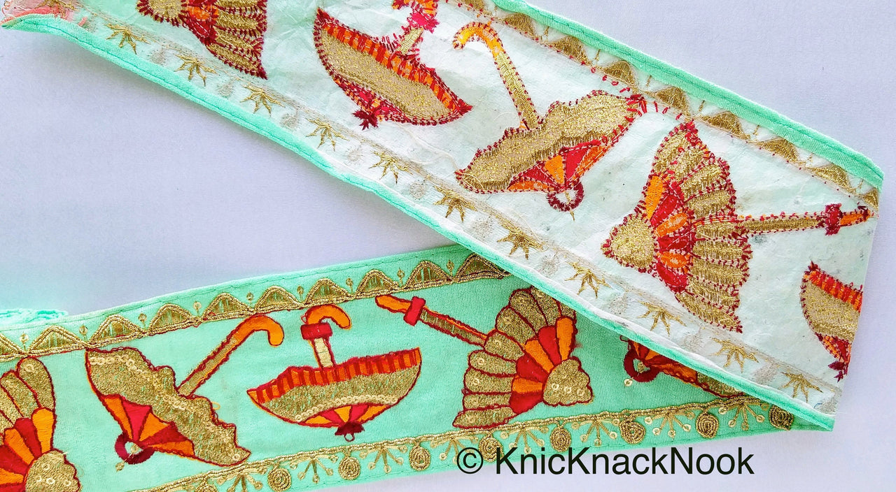 Pink / Peach / Beige / Green Art Silk Fabric Trim With Orange, Red & Gold Embroidered Umbrellas And Gold Sequins, Approx. 88mm wide