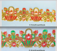 Thumbnail for Flower Basket Cutwork Trim, Embroidered In Gold, Pink & Green