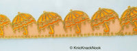 Thumbnail for Blue / Orange / Pink Tissue Sheer Fabric Trim With Embroidered Pink & Gold Umbrella, Scallop Trim, Approx. 48mm Wide