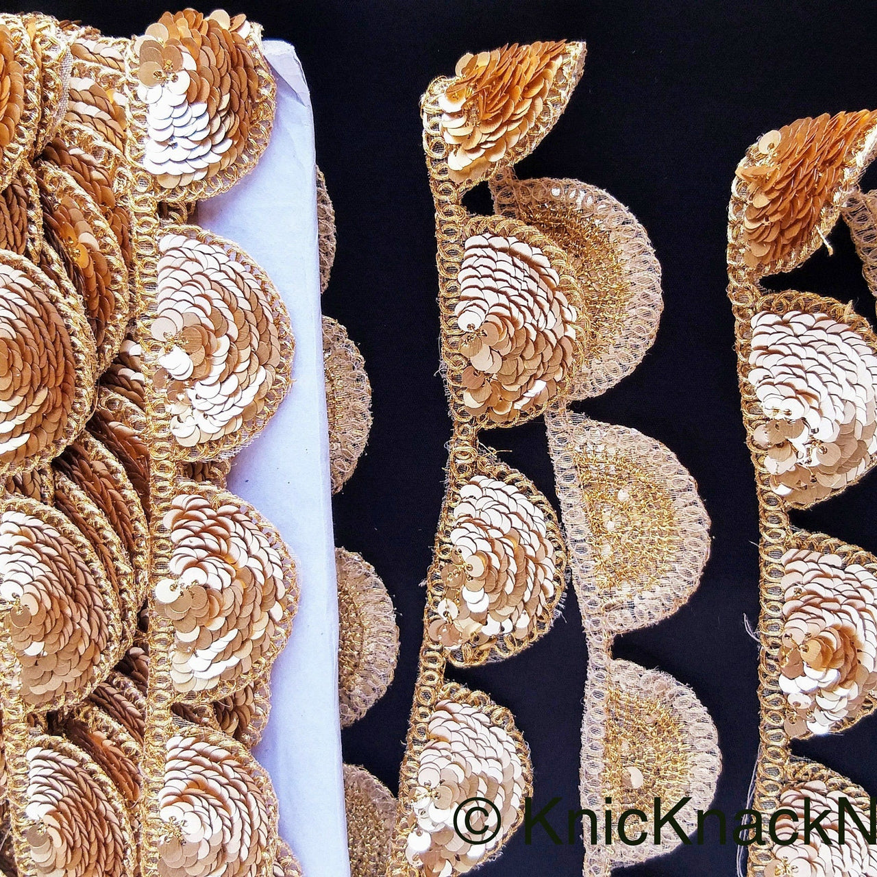 Gold Scallop Trim Embroidered With Beaded Gold Sequins, Approx. 30mm Wide - 210119L450