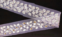 Thumbnail for White Net Fabric Lace Trim With Silver Embroidery And Mirror Embellishments, Wedding Trims, Indian  - 210119L458