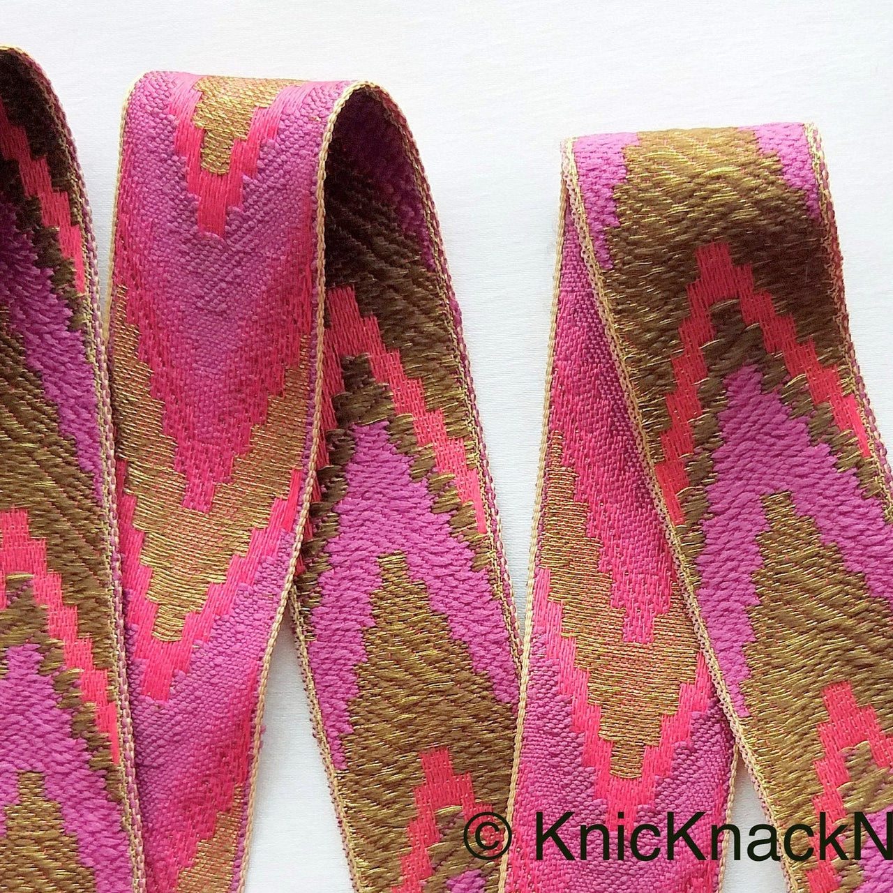 Purple / Green / Pink / Yellow / Beige, Pink And Antique Bronze Embroidered Lace Trim, Chevron Trim