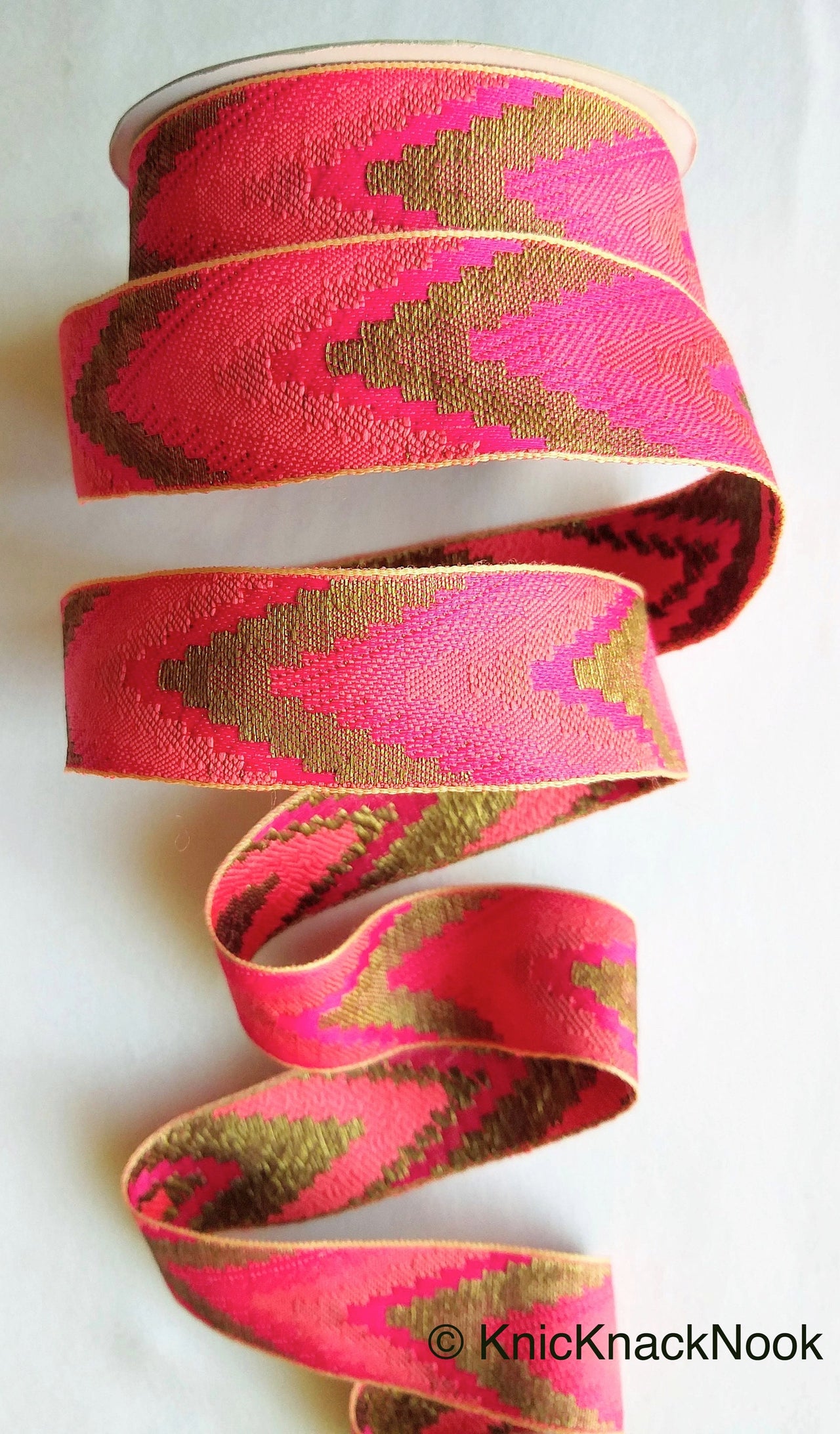 Purple / Green / Pink / Yellow / Beige, Pink And Antique Bronze Embroidered Lace Trim, Chevron Trim