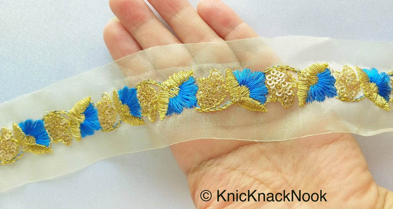 Gold Sheer Trim In Gold And Blue / Green Floral Embroidery And Gold Sequins Embellishment, Approx. 45mm Wide - 210119L135 / 36Trim