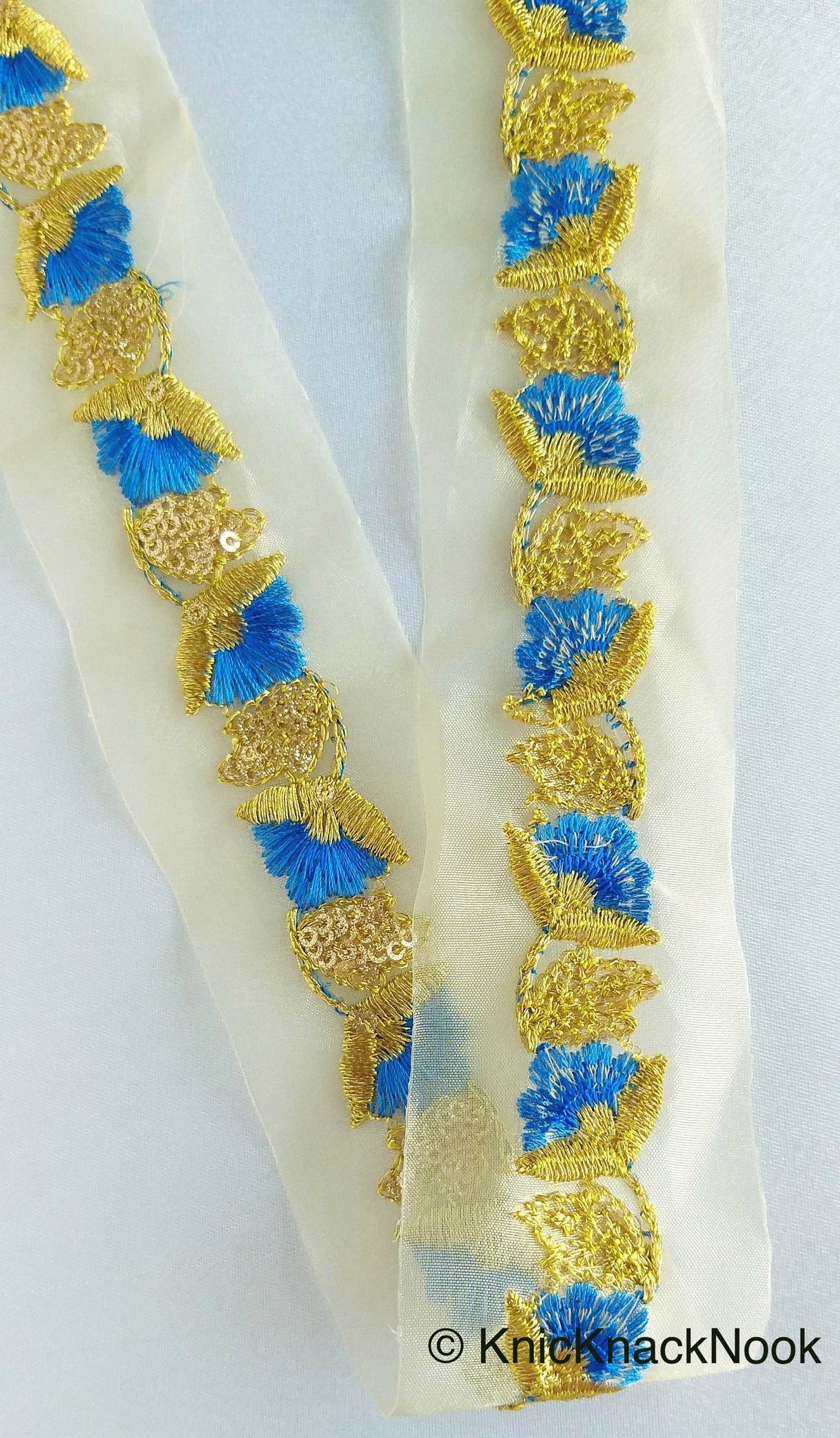 Gold Sheer Trim In Gold And Blue / Green Floral Embroidery And Gold Sequins Embellishment, Approx. 45mm Wide - 210119L135 / 36Trim