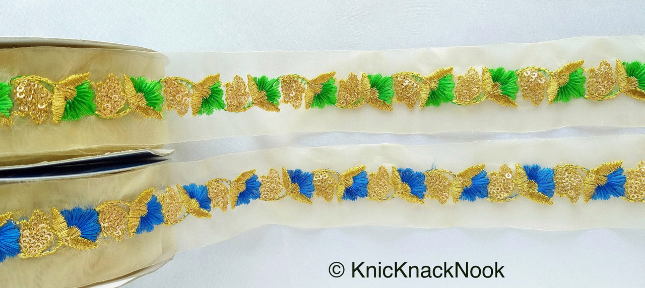 Gold Sheer Trim In Gold And Blue / Green Floral Embroidery And Gold Sequins Embellishment, Approx. 45mm Wide - 210119L135 / 36
