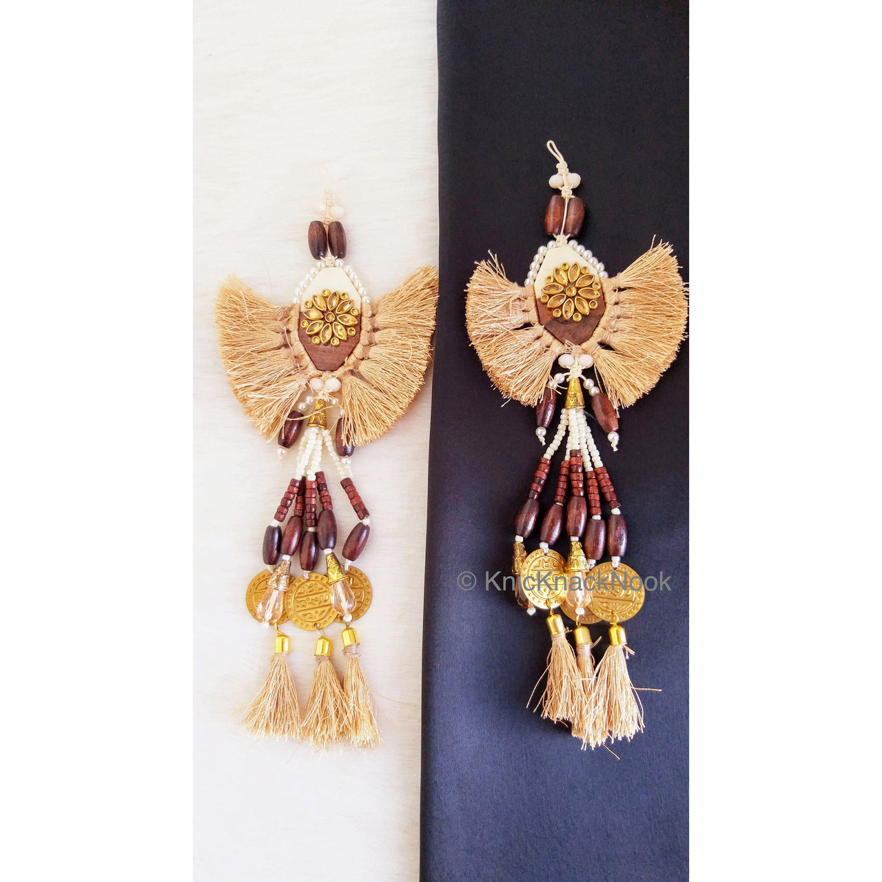 Beige Tassels With White Acrylic And Brown Wood Button In Kundan Stones, Wood Beads, Pearls