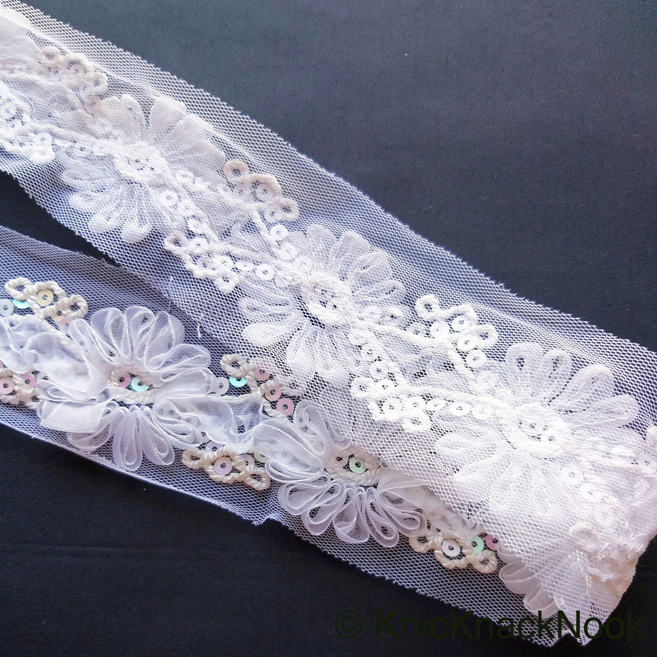 White Flower Tissue Net Fabric Lace Trim With Sequins, Floral Trim, Wedding Supplies