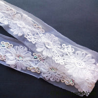 Thumbnail for White Flower Tissue Net Fabric Lace Trim With Sequins, Floral Trim, Wedding Supplies