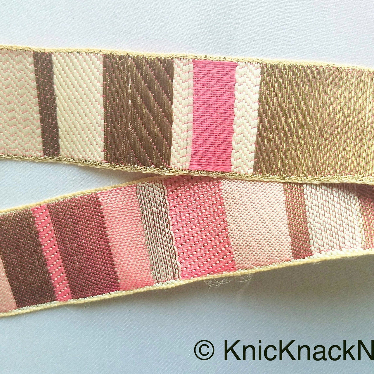 Pink, Beige And Antique Bronze Embroidered Lace Trim, Stripes Trim
