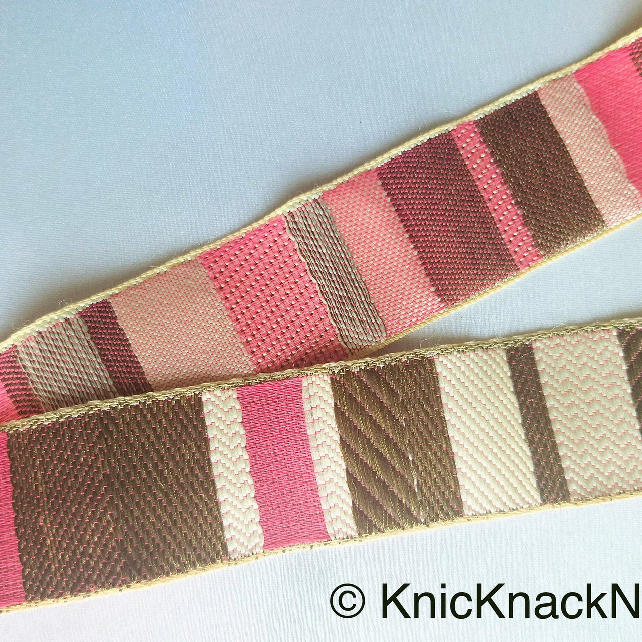 Pink, Beige And Antique Bronze Embroidered Lace Trim, Stripes Trim