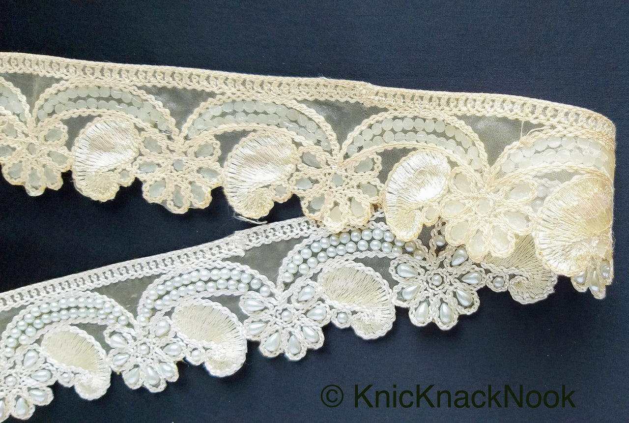 Gold Sheer Fabric Trim Beige Floral Embroidery And Off White Pearl, Scallops Wedding Trim, Bridal Trim