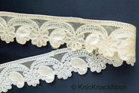 Thumbnail for Gold Sheer Fabric Trim Beige Floral Embroidery And Off White Pearl, Scallops Wedding Trim, Bridal Trim