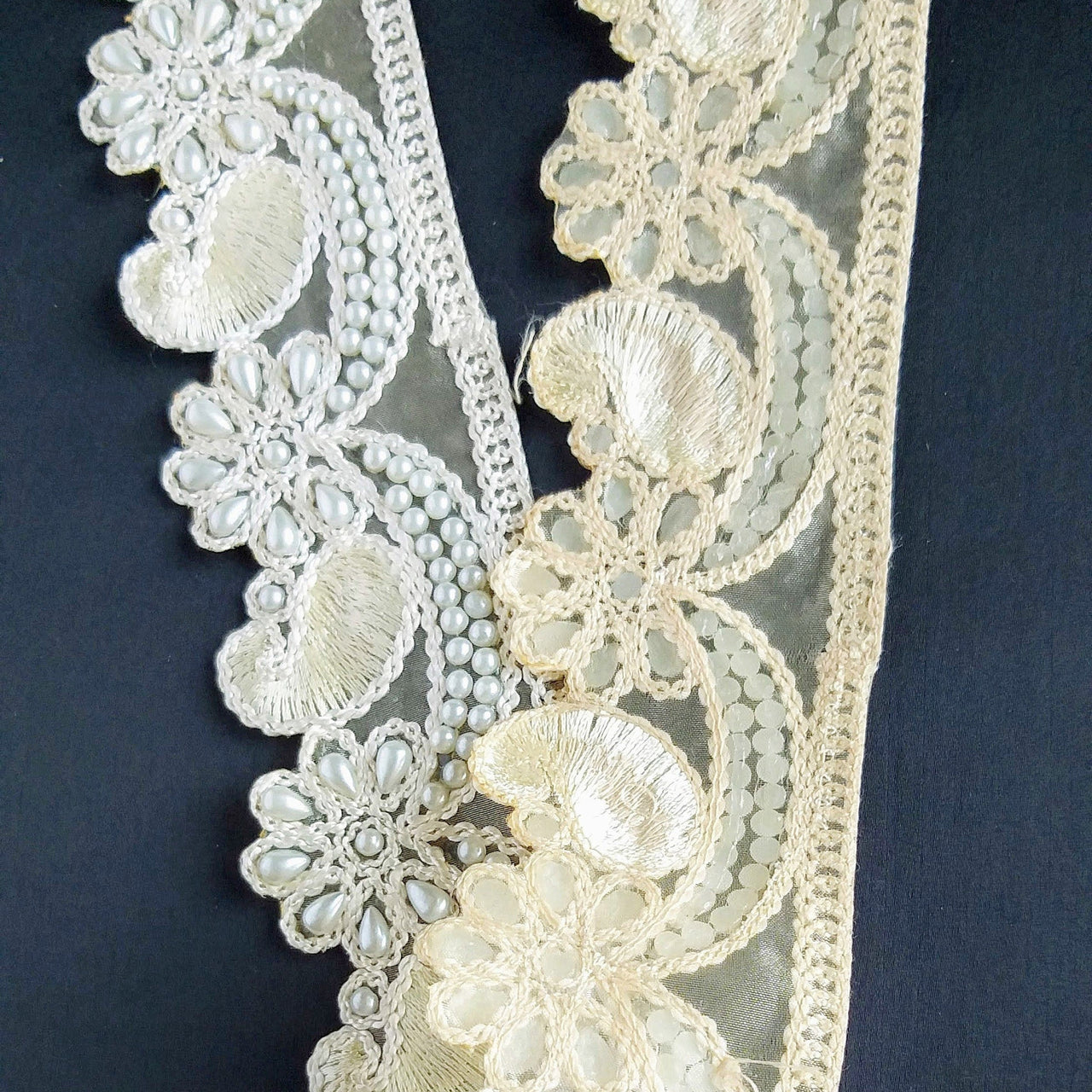 Gold Sheer Fabric Trim Beige Floral Embroidery And Off White Pearl, Scallops Wedding Trim, Bridal Trim