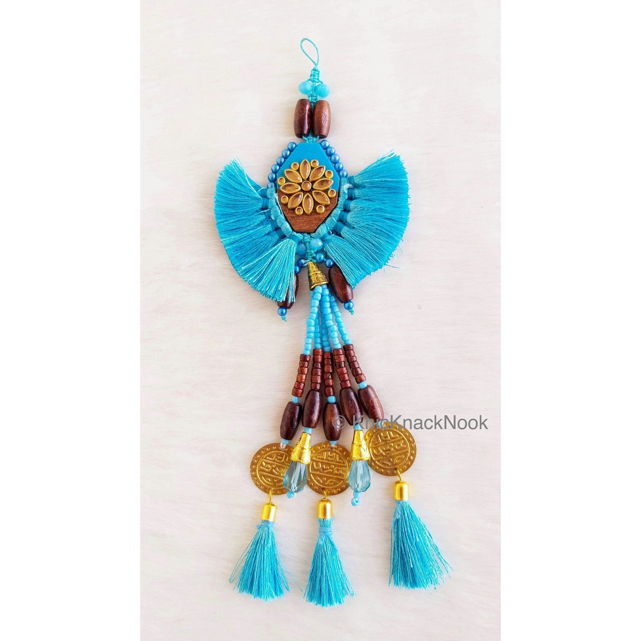 Cyan Blue Tassels With Blue Acrylic And Brown Wood Button In Kundan Stones, Wood Beads, Pearls
