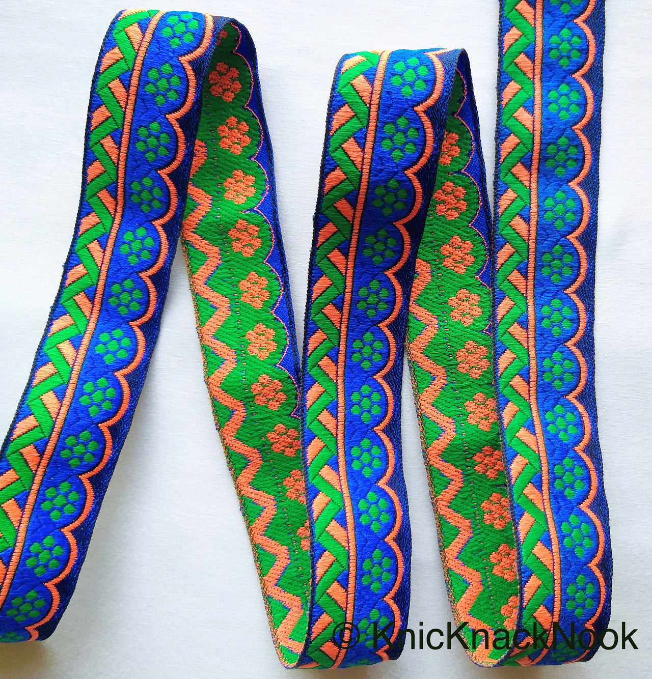Blue, Green And Orange Trim With Floral Embroidery, Approx. 32mm Wide - 210119L59