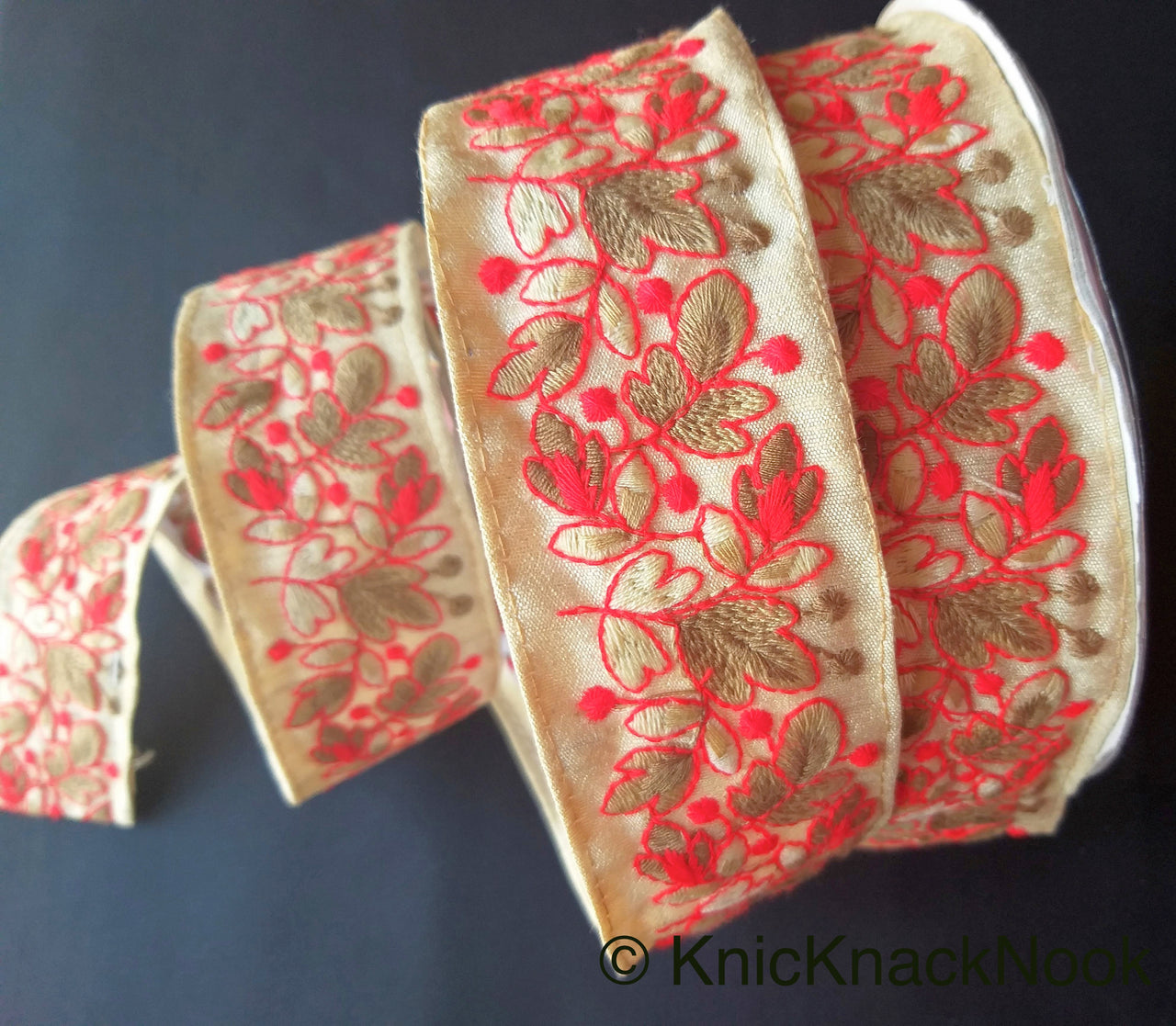 Beige Fabric Trim, Floral Embroidery in Red And Beige / Green And Yellow, Approx. 45mm- 210119L39/40Trim