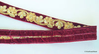 Thumbnail for Burgundy / Green, Velvet Fabric Trim With Copper, Bronze & Gold Embroidery And Sequins, Approx 32mm Wide - 210119L92/93Trim