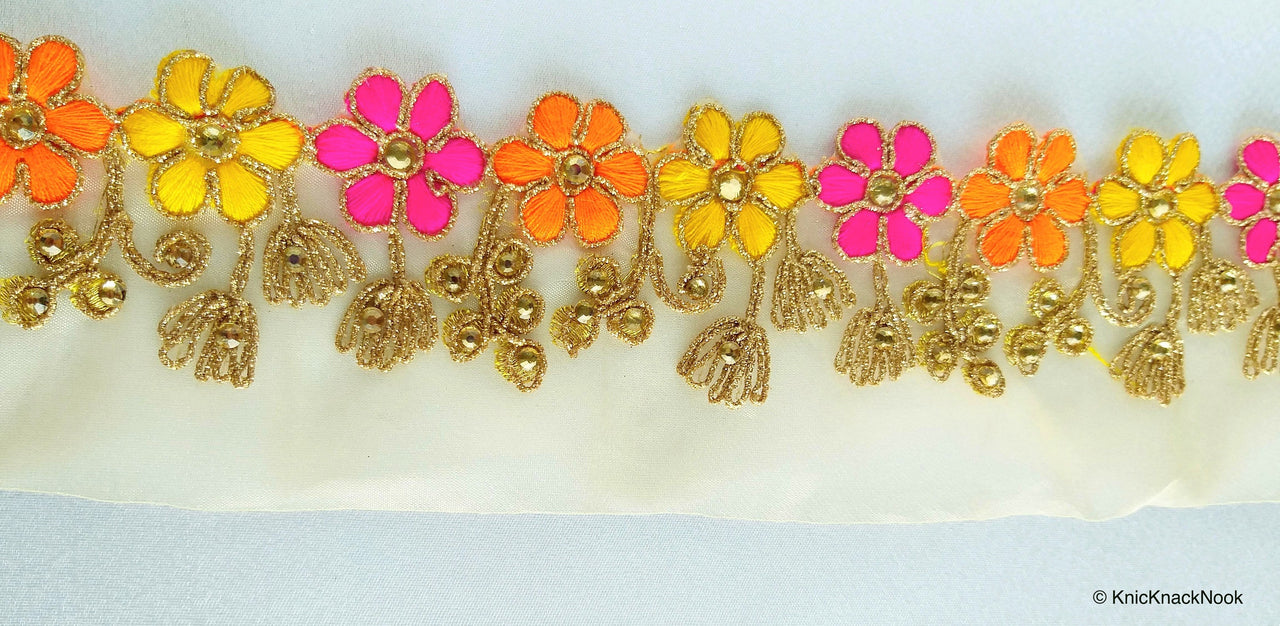 Gold Sheer Tissue Fabric Trim With Embroidered Pink, Yellow, Orange & Gold Flowers