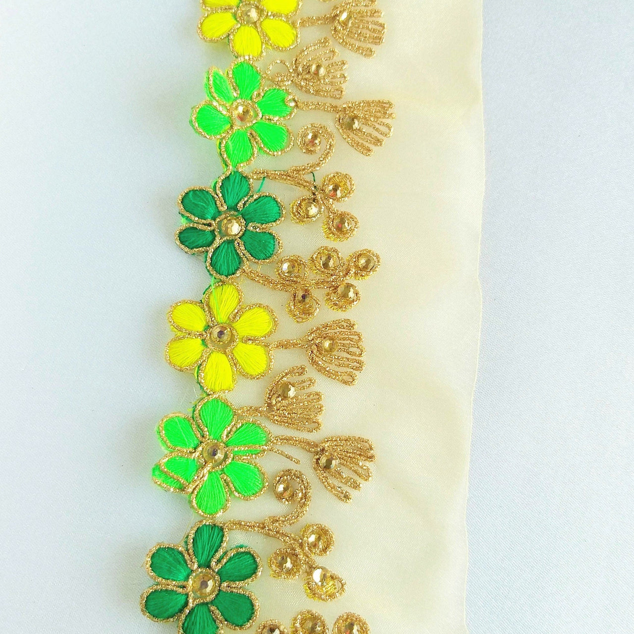 Gold Sheer Tissue Fabric Trim With Embroidered Green & Gold Flowers, Embellished With Beads, Approx. 65 mm Wide - 210119L105