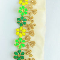 Thumbnail for Gold Sheer Tissue Fabric Trim With Embroidered Green & Gold Flowers, Embellished With Beads, Approx. 65 mm Wide - 210119L105