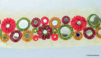 Thumbnail for Gold Sheer Tissue Fabric Trim With Red / Pink / Coral And Green Circles and Floral Embroidery With Mirror Embellishments, Approx. 65mm