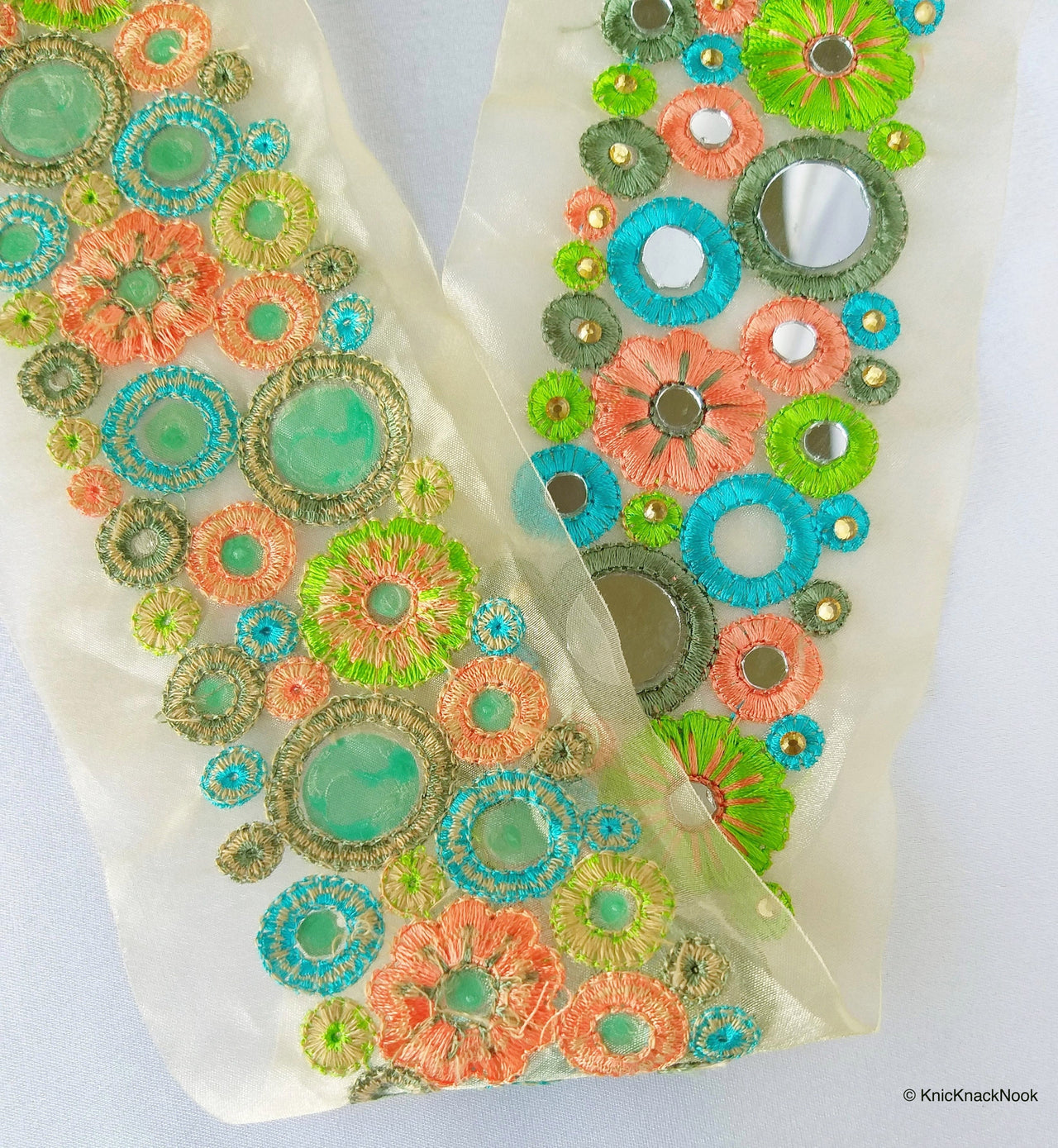 Gold Sheer Tissue Fabric Trim With Coral, Blue And Green Circles and Floral Embroidery With Mirror Trim, Decorative Mirrored Trim