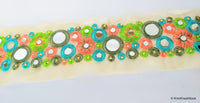 Thumbnail for Gold Sheer Tissue Fabric Trim With Coral, Blue And Green Circles and Floral Embroidery With Mirror Trim, Decorative Mirrored Trim