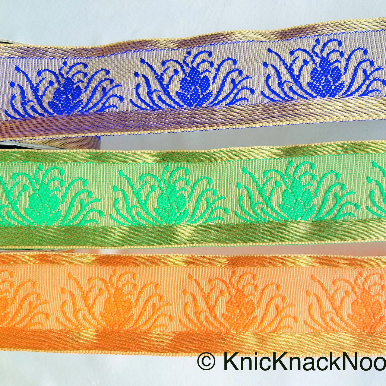 Orange / Green / Blue And Bronze Embroidered Trim, One Yard Trim, Jacquard Trim