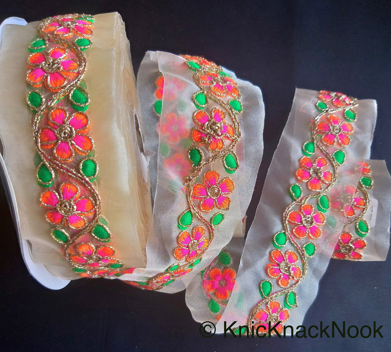Gold Sheer Tissue Fabric Trim With Embroidered Pink / Blue, Orange, Green & Gold Flowers