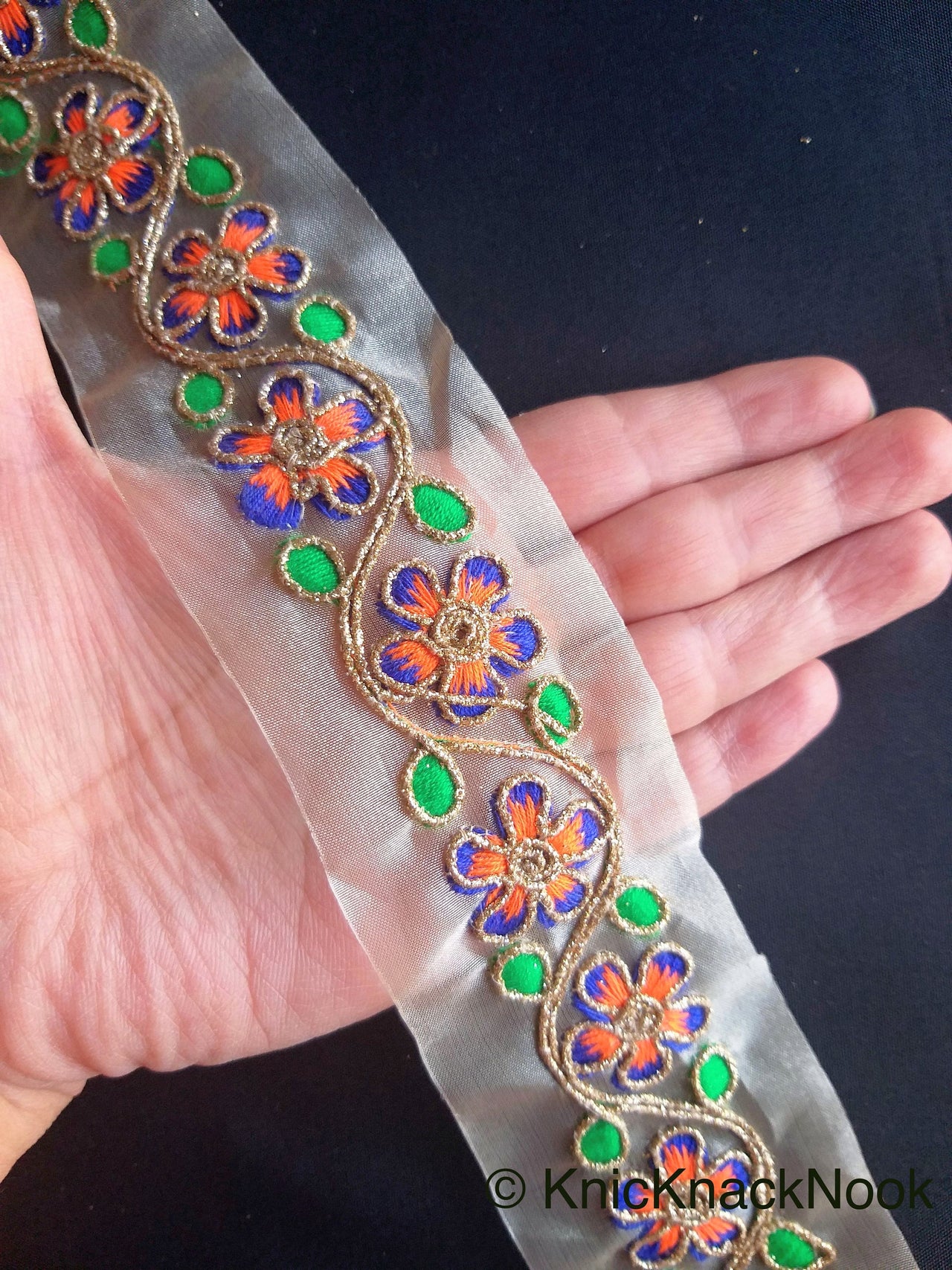 Wholesale Gold Sheer Tissue Fabric Trim With Hand Embroidered  Blue, Orange, Green & Gold Flowers