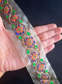 Thumbnail for Wholesale Gold Sheer Tissue Fabric Trim With Hand Embroidered  Blue, Orange, Green & Gold Flowers