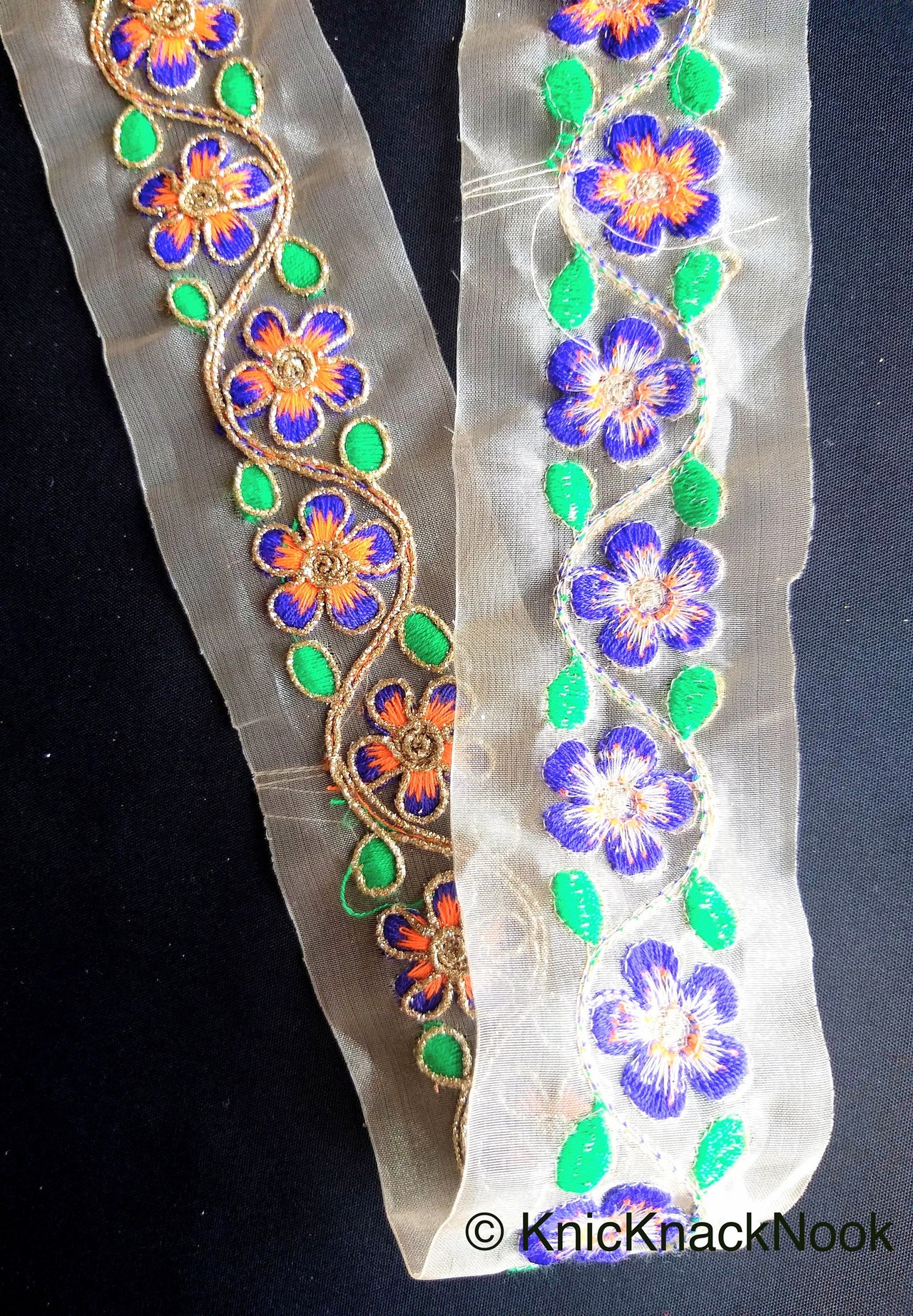 Wholesale Gold Sheer Tissue Fabric Trim With Hand Embroidered  Blue, Orange, Green & Gold Flowers